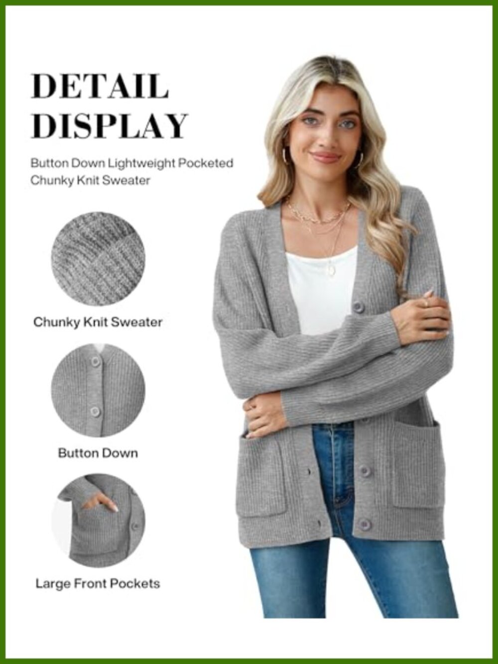 Chunky Knit Cardigan Sweater Long Sleeve V Neck Button Up with Pockets - Picture 4 of 6